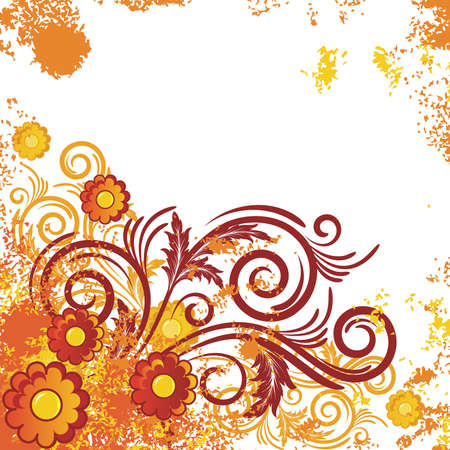 White background with   abstract orange and yellow flowers and  branchesのイラスト素材