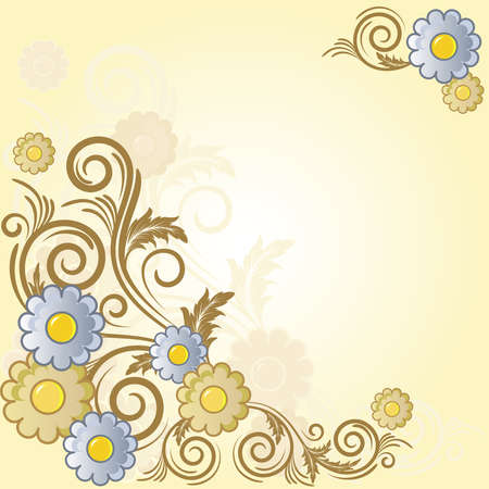 Beige background with   abstract blue and green flowers and  branchesのイラスト素材