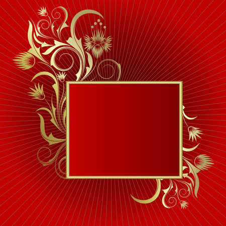 Red  background with  frame from abstract branch  and leavesのイラスト素材