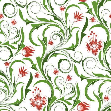 Seamless pattern from  red and orange flowers and leaves(can be repeated and scaled in any size)のイラスト素材