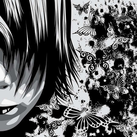 A clip art illustration of half young man's face  with a long bang in it is black white tonesのイラスト素材