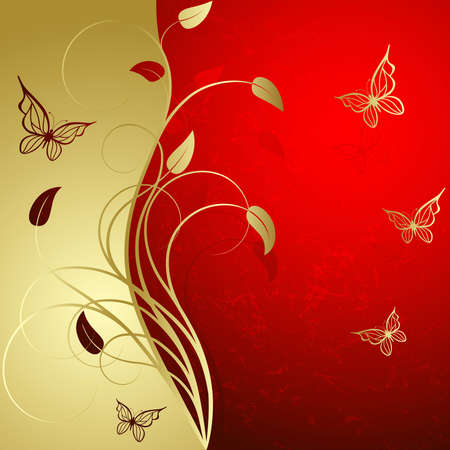 Red background with elegance  gold plant and butterfliesのイラスト素材