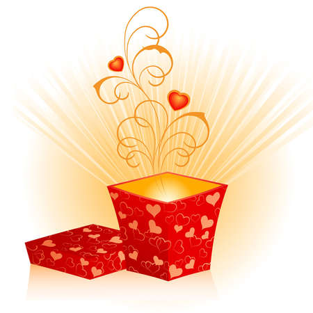An open gift box from red wrapping with heartsのイラスト素材