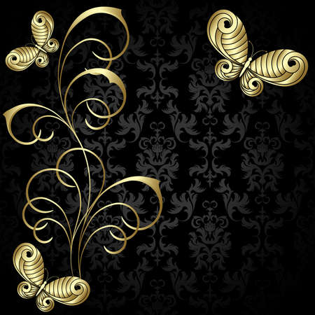Elegance  plant wiht gold leaves and  butterflies on the black backgroundのイラスト素材