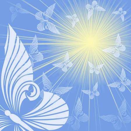 Blue background with butterflies and sunのイラスト素材