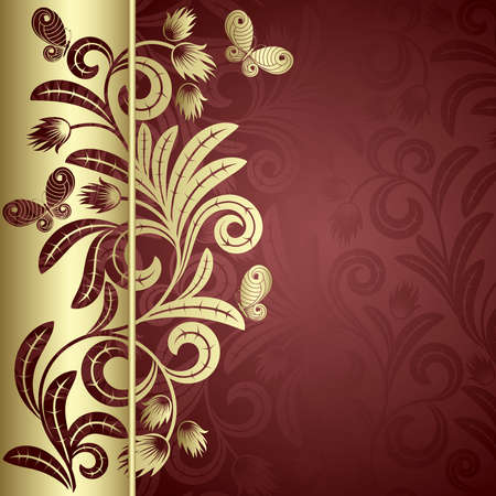 Elegance  plant wiht gold leaves and  butterflies on the red backgroundのイラスト素材