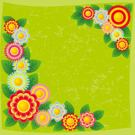 Grunge green summer background with bright flowers.のイラスト素材