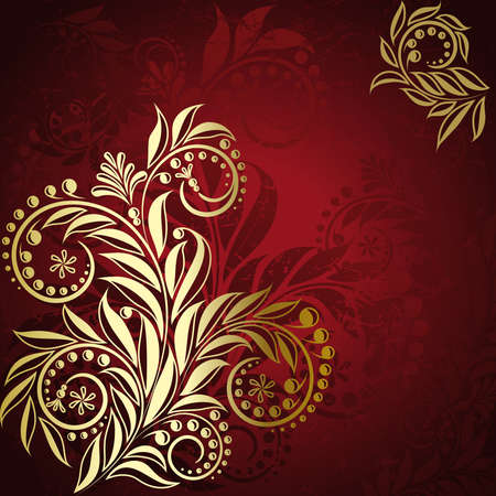 Red background with elegance gold plant with swirlsのイラスト素材