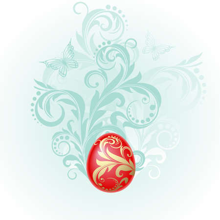 Easter background with egg decorated with golden ornaments and  plantsのイラスト素材