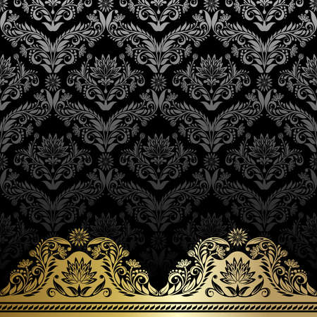 Black background with gold flowers and leavesのイラスト素材