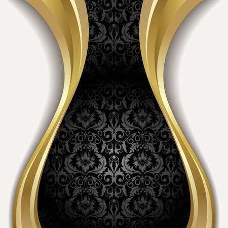 Black background with flowers and leaves and gold wave.のイラスト素材