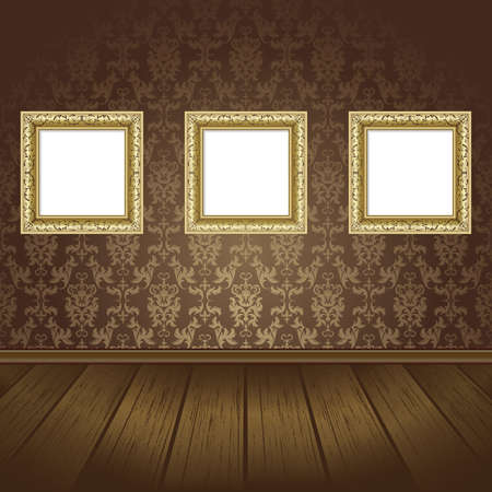 Gold three frames on the  wall with black wallpaperのイラスト素材