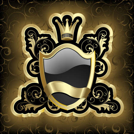 Black-framed label with gold abstract plant and ribbonのイラスト素材