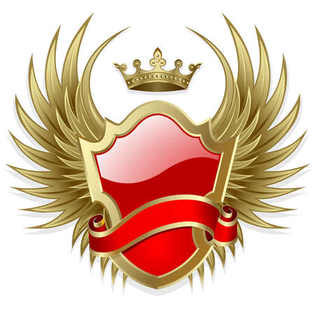 Gold-framed label with wings and red ribbon on the white backgroundのイラスト素材