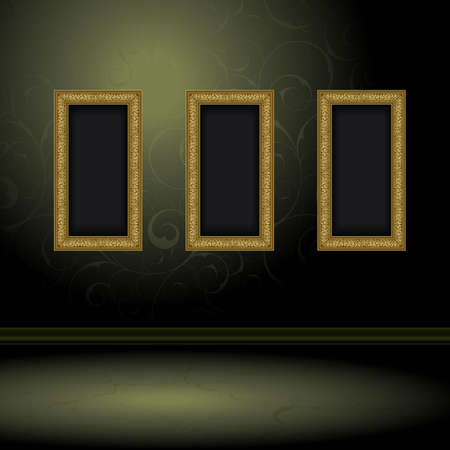 Gold three frames on the  wall with green wallpaperのイラスト素材
