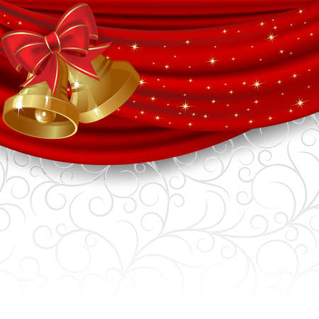 Christmas background with red curtain and gold bellのイラスト素材