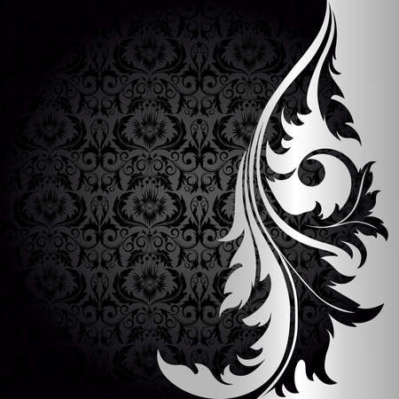 Black background with silver flowers and leavesのイラスト素材