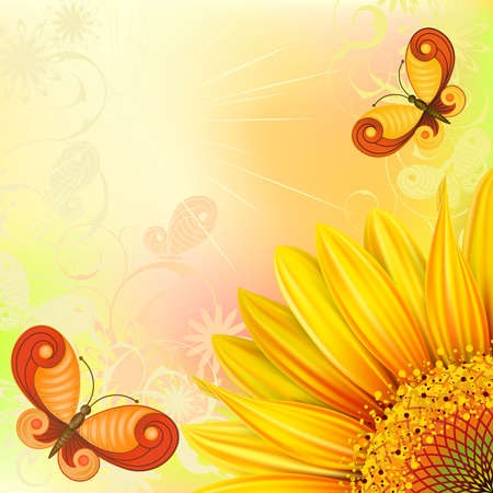Summer yellow background with sunflowers and butterflies Clipping Maskのイラスト素材