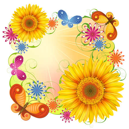 Summer yellow background with sunflowers and butterflies Clipping Maskのイラスト素材