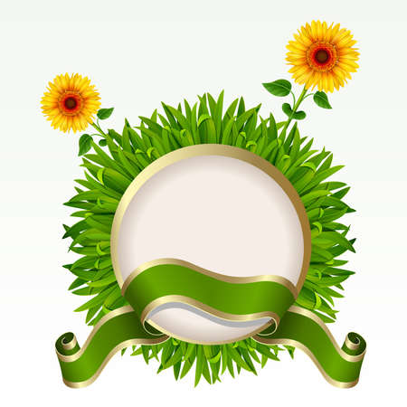 Frame with green grass and sunflowers on it on a white background. Mesh.のイラスト素材