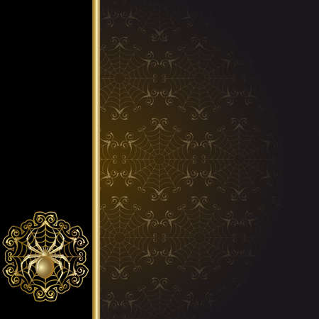 Gold-framed  with gold spider and web on the black backgroundのイラスト素材