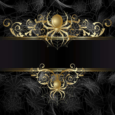 Gold-framed  with gold spider and web on the black backgroundのイラスト素材