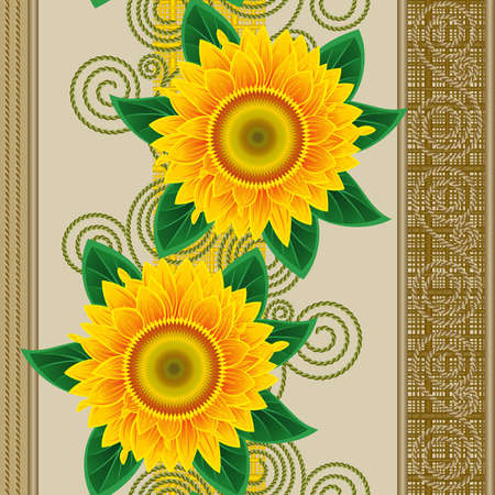 Seamless from orange sunflowers and green leavesのイラスト素材