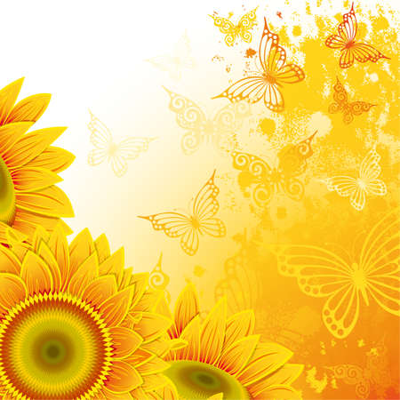 Orange background with sunflowers and  butterfliesのイラスト素材