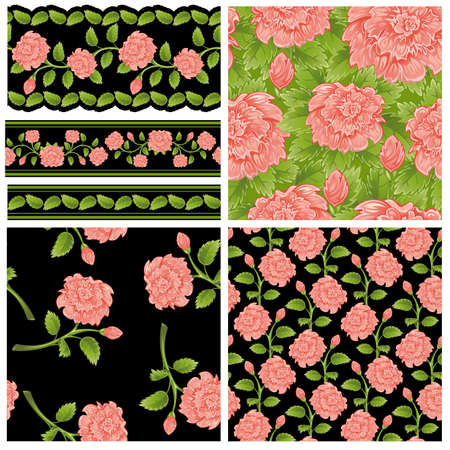 Set of seamless and borders from pink peony (can be repeated and scaled in any size)のイラスト素材