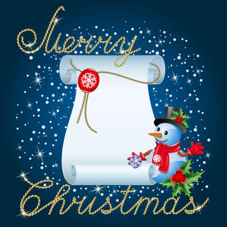 Christmas blue background with snowman and paperのイラスト素材