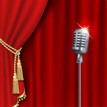Theater stage  with microphone and red curtain. Clipping Mask. Mesh.のイラスト素材