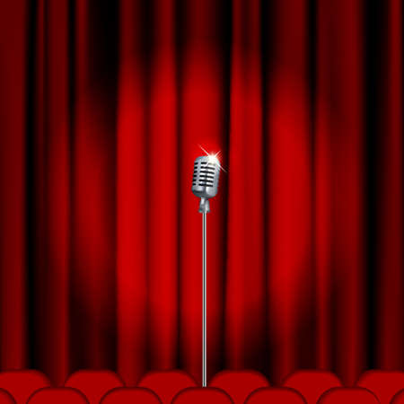 Theater stage  with microphone and red curtain. Clipping Mask. Mesh.のイラスト素材