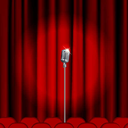 Theater stage  with microphone and red curtain. Clipping Mask. Mesh.