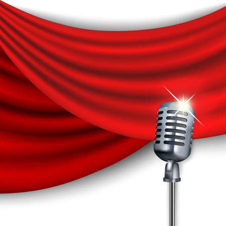 Microphone on a background of red curtains. Clipping Mask. Mesh.のイラスト素材