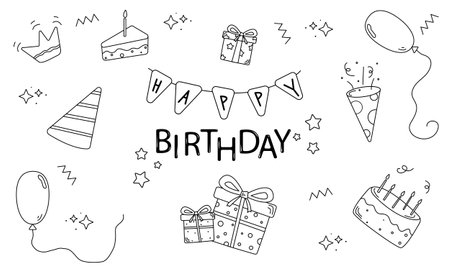 Birthday doodle set. Hand drawn vector illustration isolated on white background.のイラスト素材