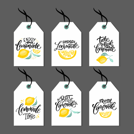 Lemonade lettering with lemon label. Brush calligraphy of word lemonade.のイラスト素材