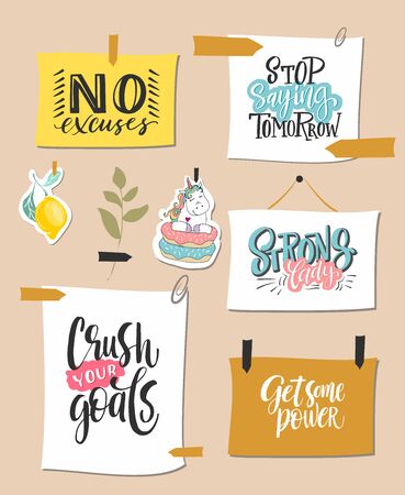 Inspiration mood board. Hand drawn lettering quote. Vector conceptual illustration with feminine symbols. Great womans rights posterのイラスト素材
