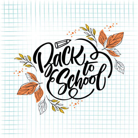 Back to school vector hand drawn lettering on background with leaves.のイラスト素材