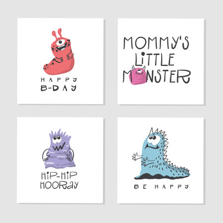 Set of 4 cute creative cards templates with monsters. vector illustration. Hand Drawn card for birthday, anniversary, party invitations, scrapbooking.のイラスト素材