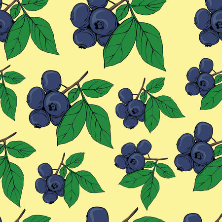 Beautiful vector seamless pattern with natural fresh blueberries. Bright blue, violet and green hand drawn watercolor elements on yellow background.のイラスト素材