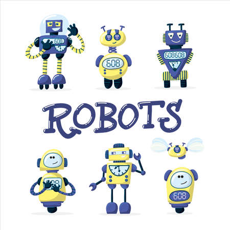 Set of happy funny cartoon childish robots wave hand, say hello. Cute kid cyborgs, retro, futuristic modern bots, smiling characters in flat vector illustration isolated on white background.のイラスト素材