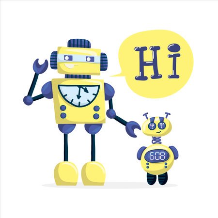 Happy funny cartoon childish robots wave hand, say hello. Cute kid cyborgs, retro, futuristic modern bots, smiling characters in flat vector illustration isolated on white bのイラスト素材