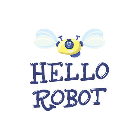 Happy funny cartoon childish robot wave hand, say hello. Cute kid cyborgs, retro, futuristic modern bots, smiling characters in flat vector illustration isolated on white background.のイラスト素材