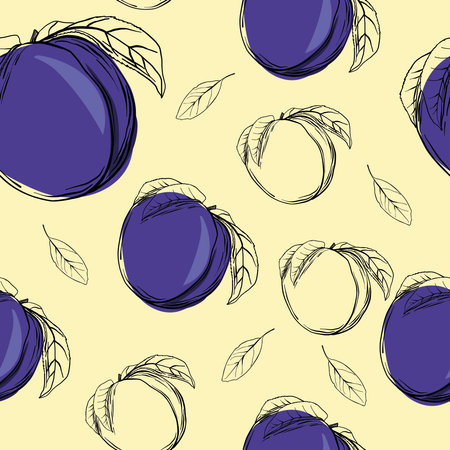 Seamless pattern with plum fruit. line drawingのイラスト素材