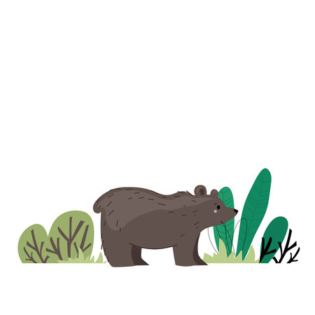Vector hand-drawn children's illustration, print, the card with the cute bear in flat stile on the white background.のイラスト素材