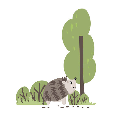 Vector hand-drawn children's illustration, print, the card with the cute hedgehog in flat stile on the white background.のイラスト素材