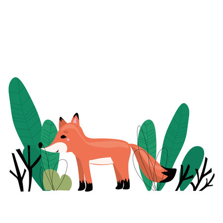 Vector hand-drawn children's illustration, print, the card with the cute fox in flat stile on the white background.のイラスト素材