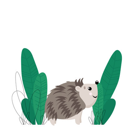 Vector hand-drawn children's illustration, print, the card with the cute hedgehog in flat stile on the white background.のイラスト素材