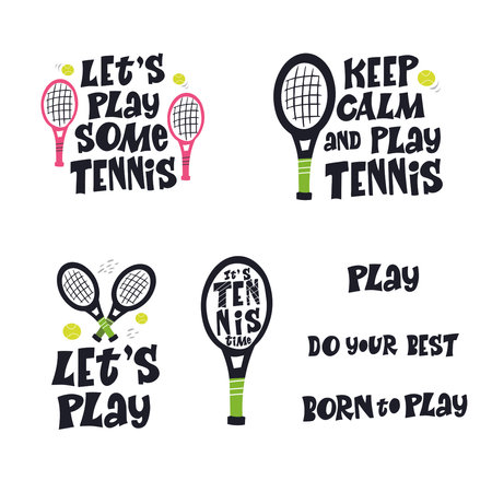 Play tennis hand drawn vector lettering set. Motivational sport slogans with tennis balls and racket on white background. Competitive game, healthy lifestyle concept.のイラスト素材