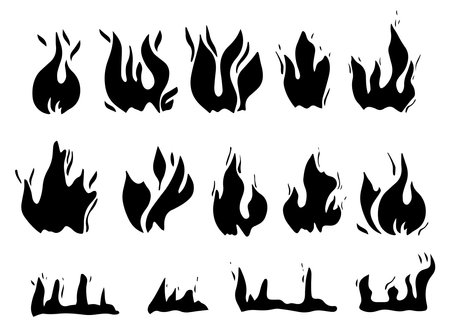 Set of fire flame vector icons. Fire silhouette illustration. Black and white image of fire.のイラスト素材